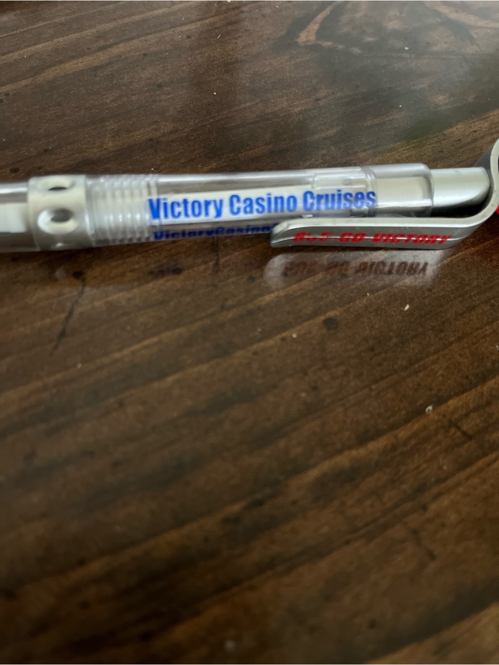 Victory Casino Cruises Promotional Ballpoint Pen - Clear & Silver with Blue Text